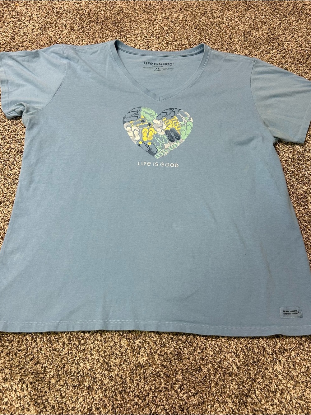 Life Is Good Crusher Tee Womens XL Blue V Neck Flip Flops Shirt Heart Colorful